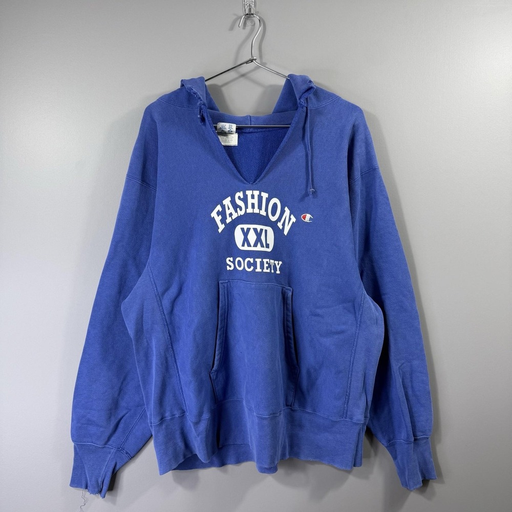 Vintage 80's Champion Hoodie Mens Large Blue Fleece Reverse Weave Sweatshirt